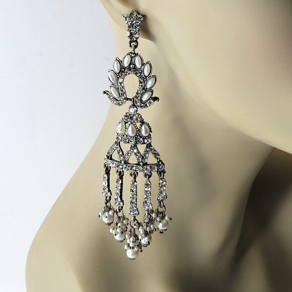 Crystal Chandelier Earrings with Pearls - Picture 8 of 8